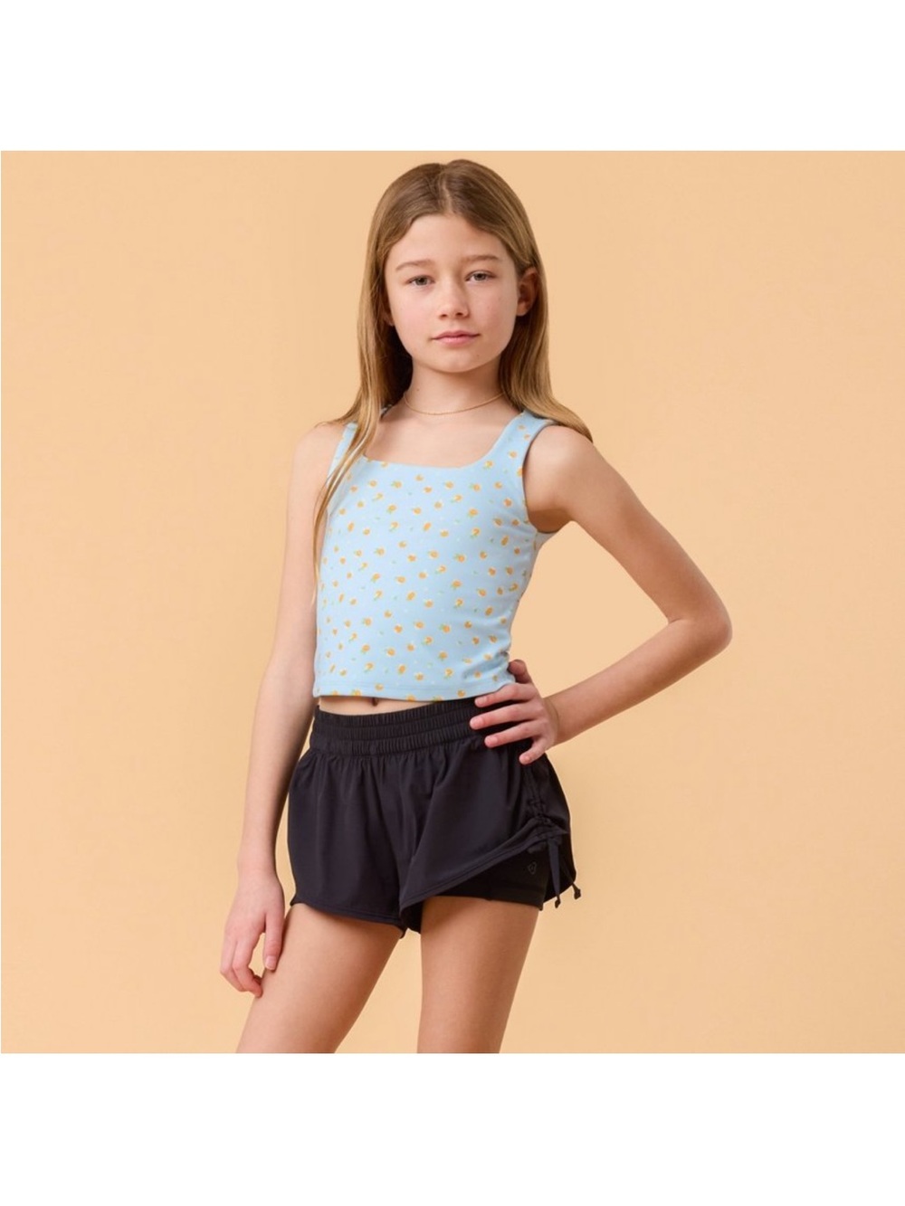 Blogilates Girls Mommy & Me Ruffled Back Citrus 🍊 Print Light Blue Scoop Crop